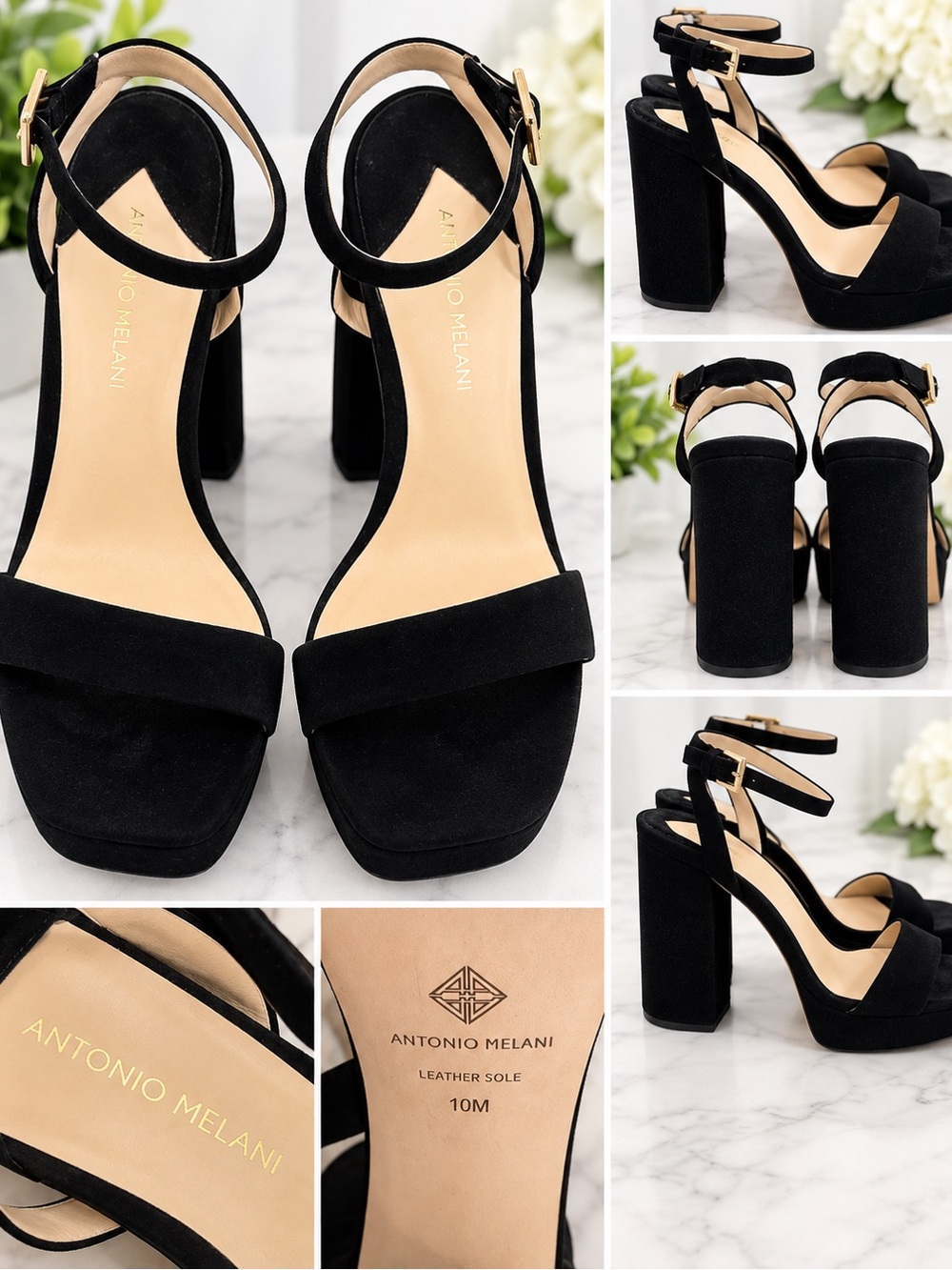 ANTONIO MELANI Black Suede Block Heel Ankle-Strap Sandals
